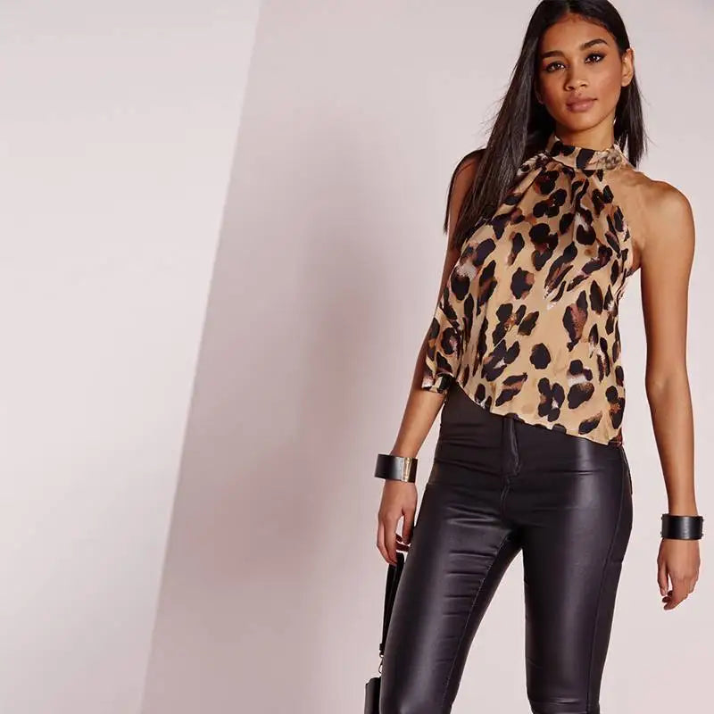 Sexy Leopardenmuster Neckholder Top mit Rollkragen